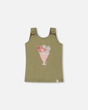 Crinkle Jersey Tank Top Floral Olive Green
