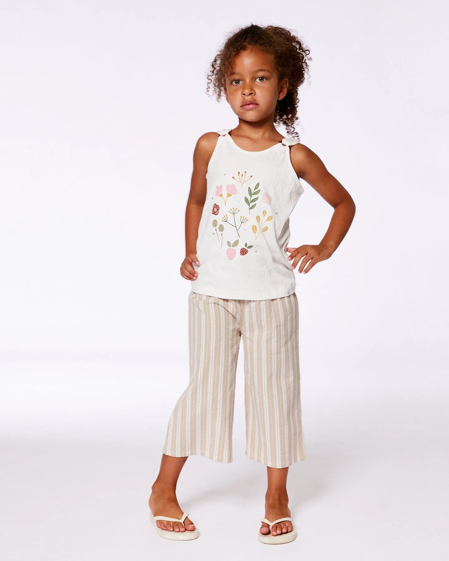 Crinkle Jersey Tank Top Pink Flowers On Cream Background