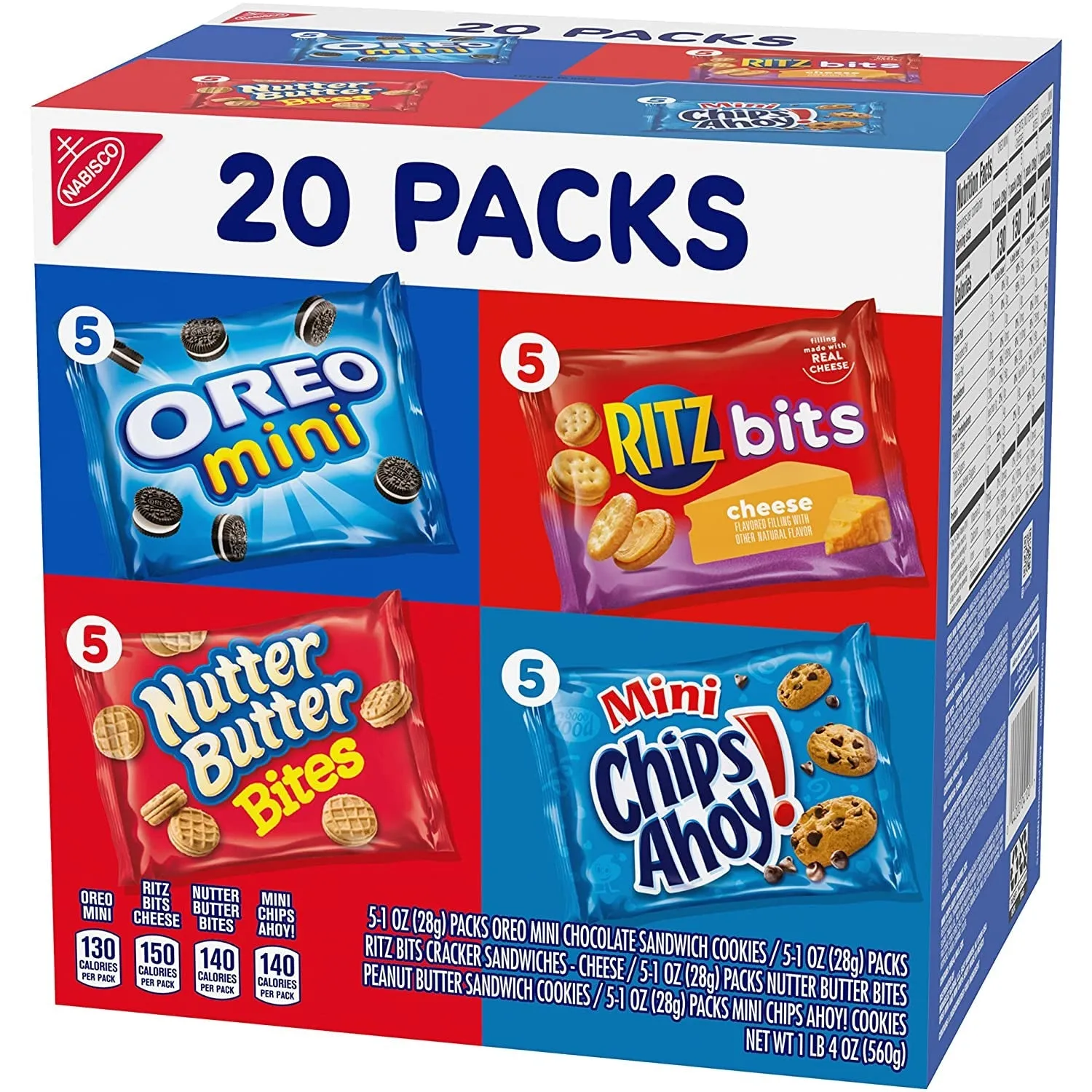 Nabisco Classic Mix Variety Pack, OREO Mini, CHIPS AHOY! Mini, Nutter Butter Bites, RITZ Bits Cheese, School Lunch Box Snacks, 20 - 1 Oz Snack Packs
